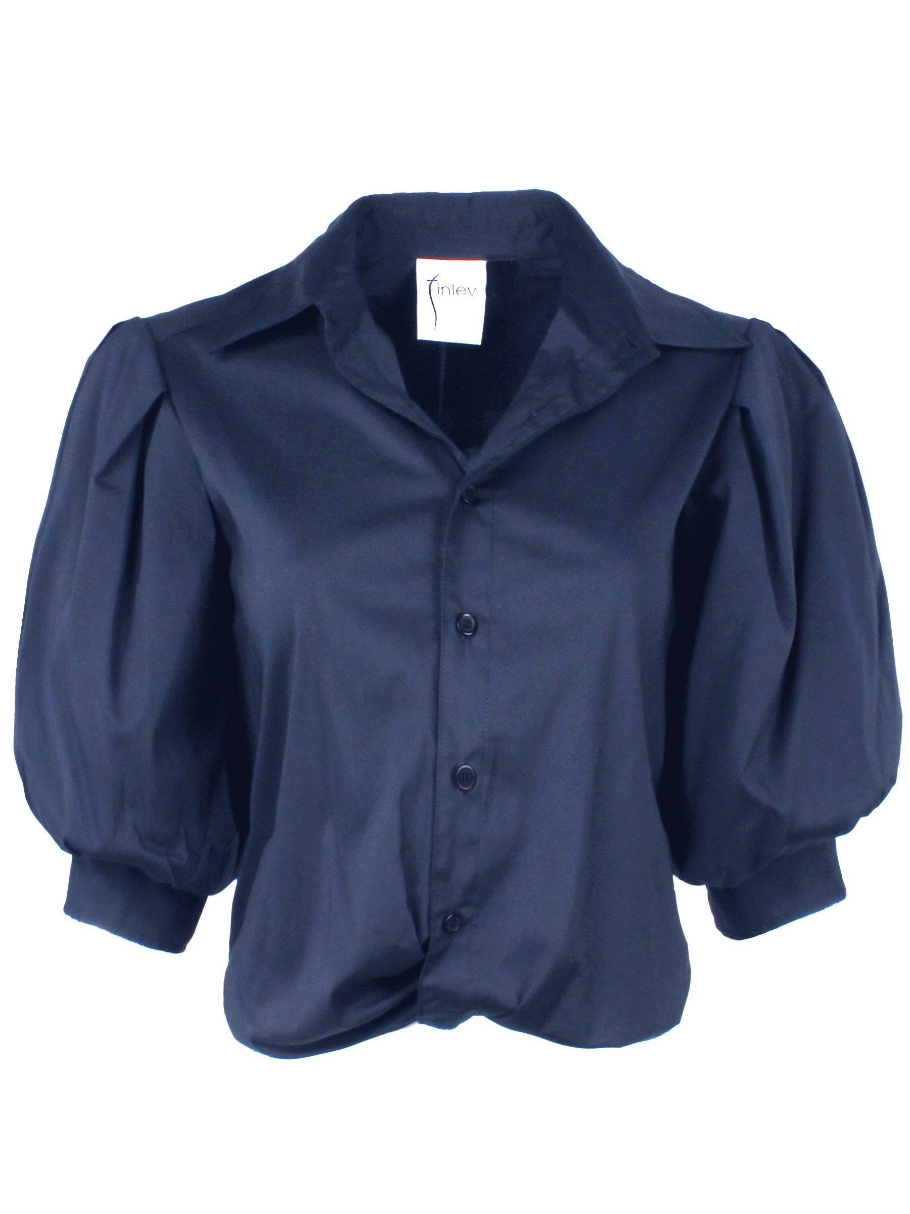Front view of Finley Bomba silky navy poplin shirt with front twist hem, button front, elbow blouson sleeves.

