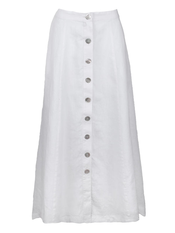 Nicole Button Front Long Skirt White Linen