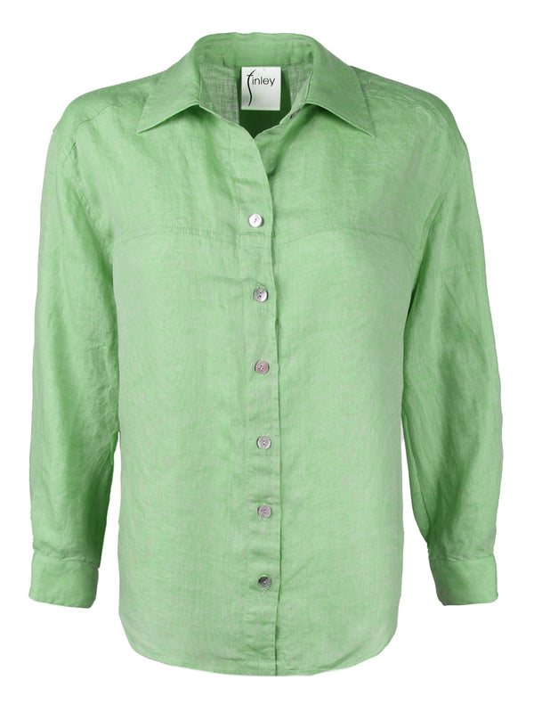 A front view of the Finley Niko blouse, a pale green button down washed linen boyfriend shirt. 