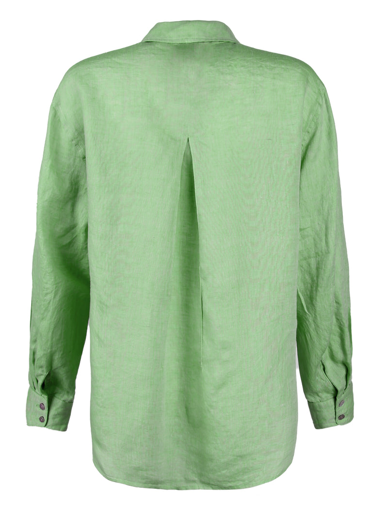 A rear view of the Finley Niko blouse, a pale green button down washed linen boyfriend shirt. 