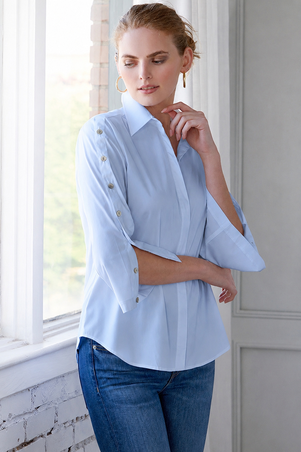 Bianchi Shirt 3/4 Sleeve with Button Details in Silky Poplin Pale Blue
