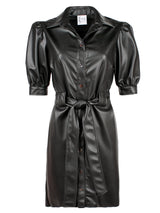 A front view the Finley Piper dress, a tie front black vegan leather button down midi shirt dress with short sleeves and a semi-fitted shape.