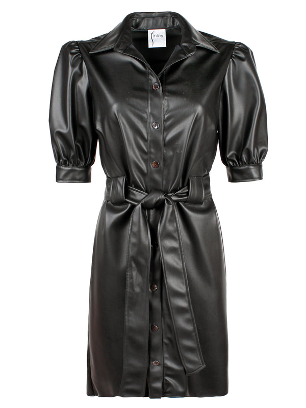 A front view the Finley Piper dress, a tie front black vegan leather button down midi shirt dress with short sleeves and a semi-fitted shape.