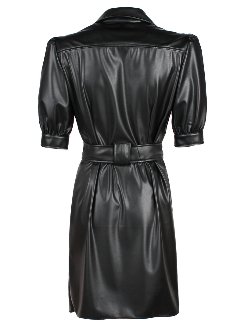 A rear view of the Finley Piper dress, a tie front black vegan leather button down midi shirt dress with short sleeves and a semi-fitted shape.