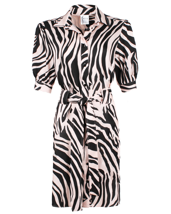 A front view of the Finley Piper dress, a tie front button down midi shirt dress with short sleeves, a semi-fitted shape, and a black and white zebra stripe print.
