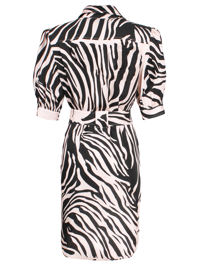A rear view of the Finley Piper dress, a tie front button down midi shirt dress with short sleeves, a semi-fitted shape, and a black and white zebra stripe print.