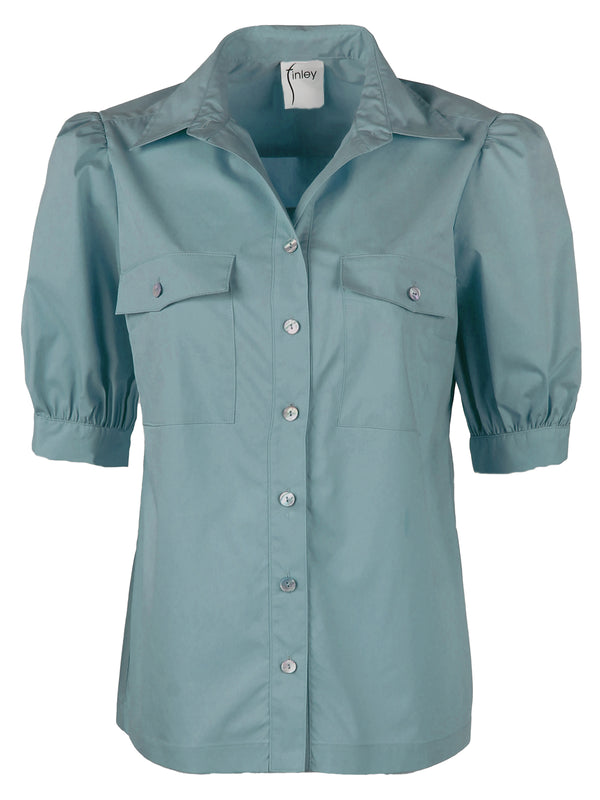 Puff Sleeve Camp Shirt Fog Blue Weathercloth