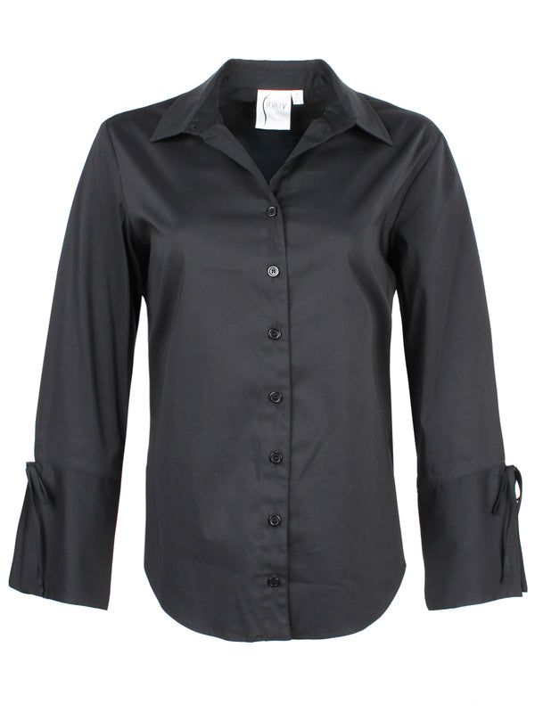 The Finley Rachel blouse, a black button-down women's poplin blouse with a point collar and self-tied cuffs.
