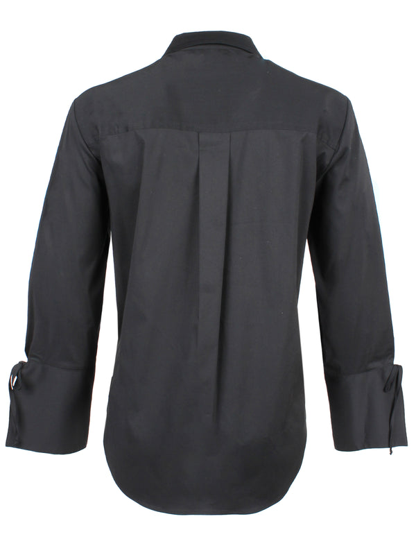 The Finley Rachel blouse, a black button-down women's poplin blouse with a point collar and self-tied cuffs.