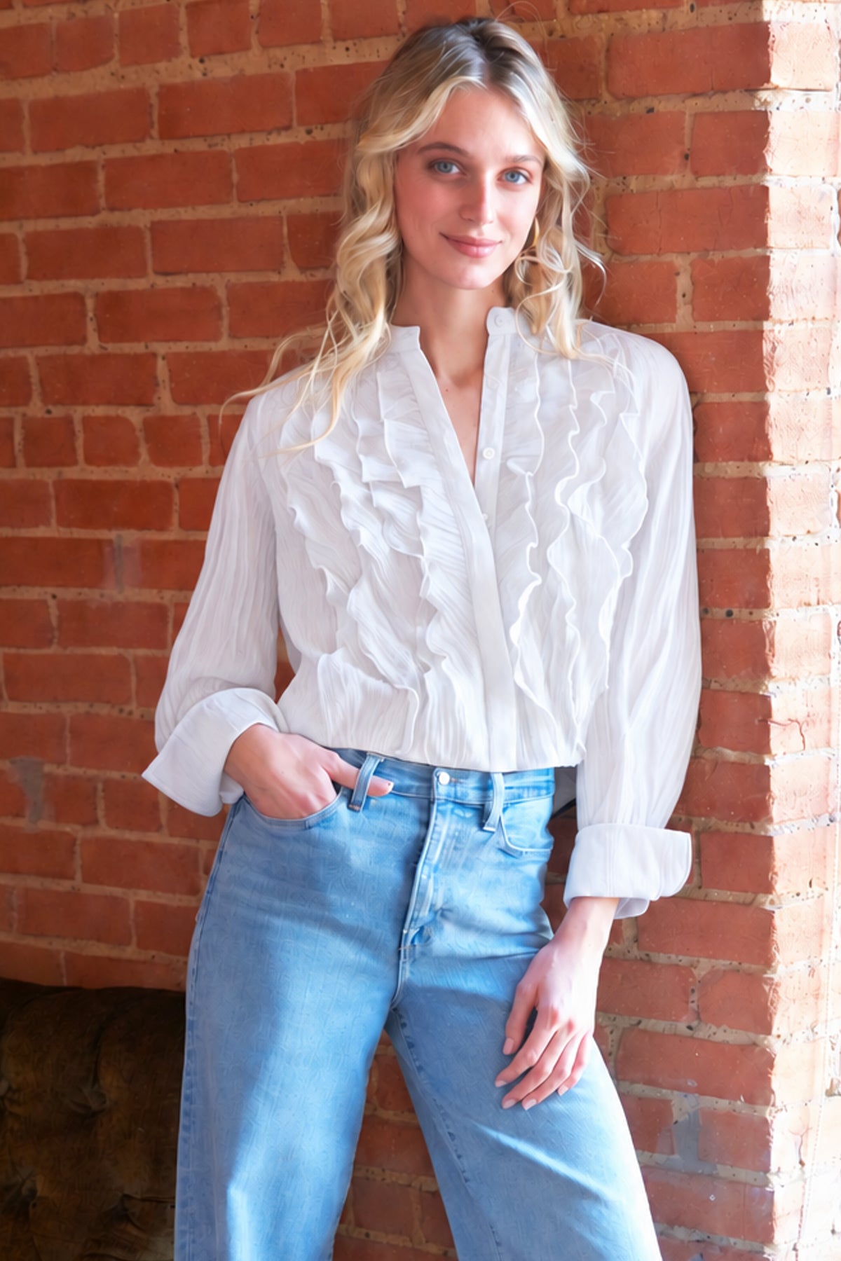 Raffaele Ruffle Shirt White Vertical Crush