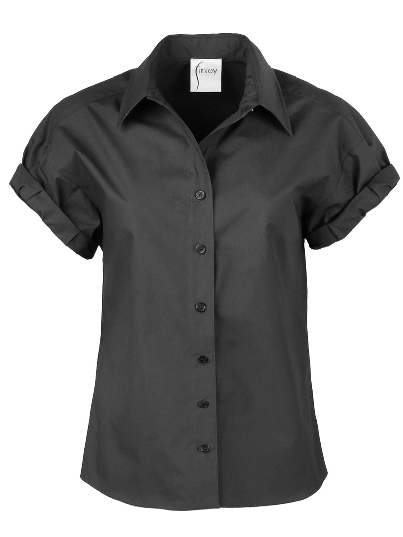 A front view of the Finley Camp Shirt, a black cotton poplin shirt with short roll sleeves and a relaxed shape.