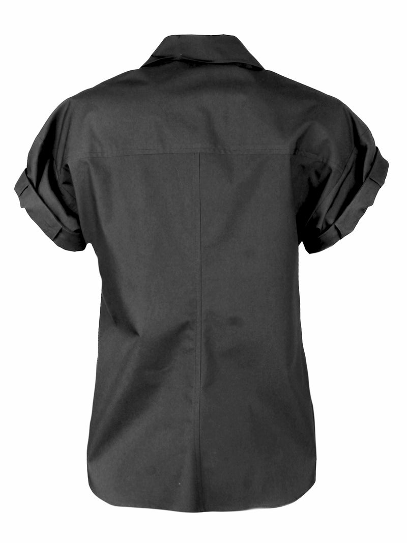 A rear view of the Finley Camp Shirt, a black cotton poplin shirt with short roll sleeves and a relaxed shape.