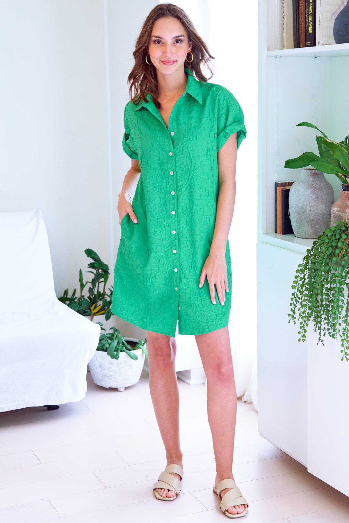 Roll Sleeve Camp Shirt Dress in Green Textured Jacquard