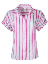 A front view of the Finley Camp Shirt, a pink & white striped linen shirt with short roll sleeves and a relaxed shape.