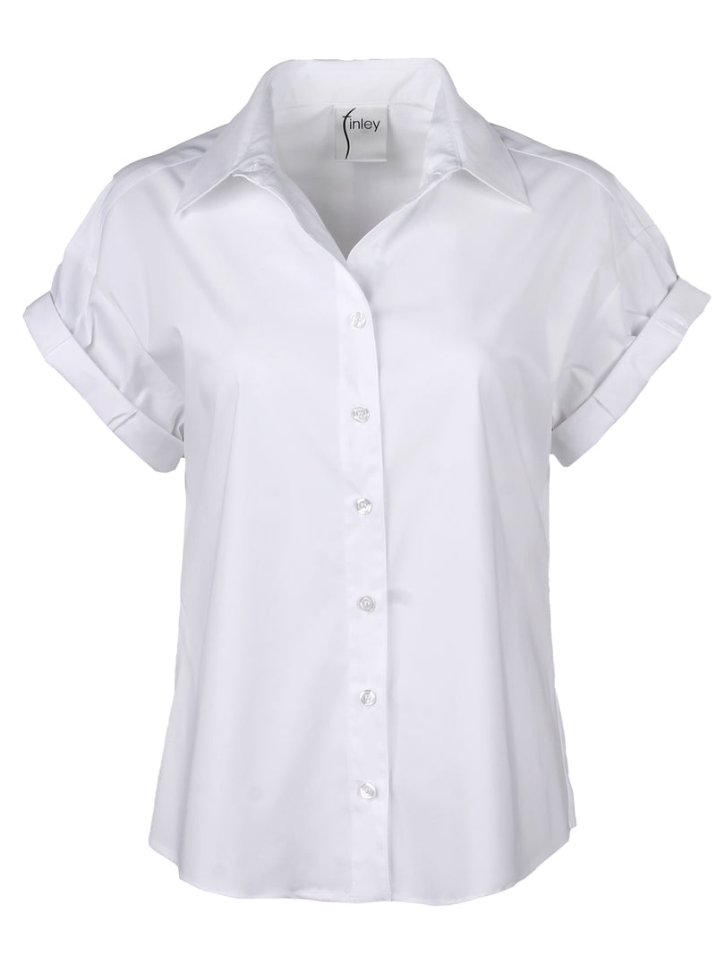 A front view of the Finley Camp Shirt, a white cotton poplin shirt with short roll sleeves and a relaxed shape.