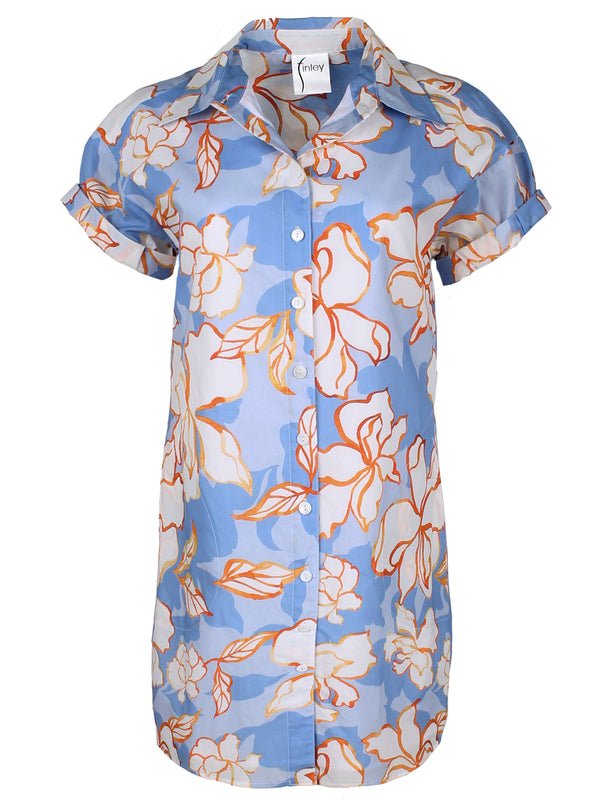 A front view of the Finley Camp shirt dress, a button down midi shirt dress with cuffed camp sleeves and a blue and orange floral print.