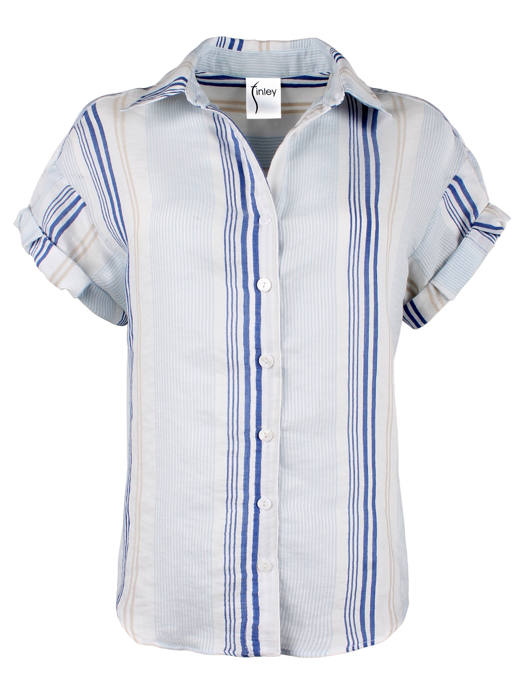 A front view of the camp shirt in blue voile stripe, featuring a spread collar and relaxed design.
