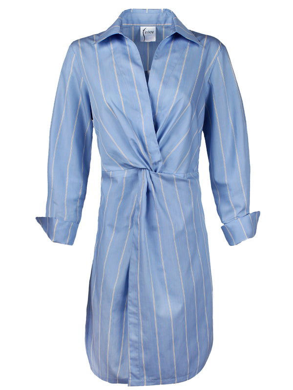 The Finley Sammy dress (front view), a blue and white striped tie-front midi shirt dress with a gathered front twist.