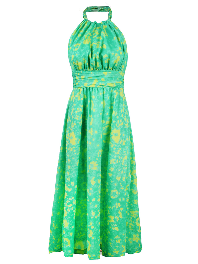 A front view of the Finley Cameron, a cotton halter top tie front maxi dress with a bright green floral motif.