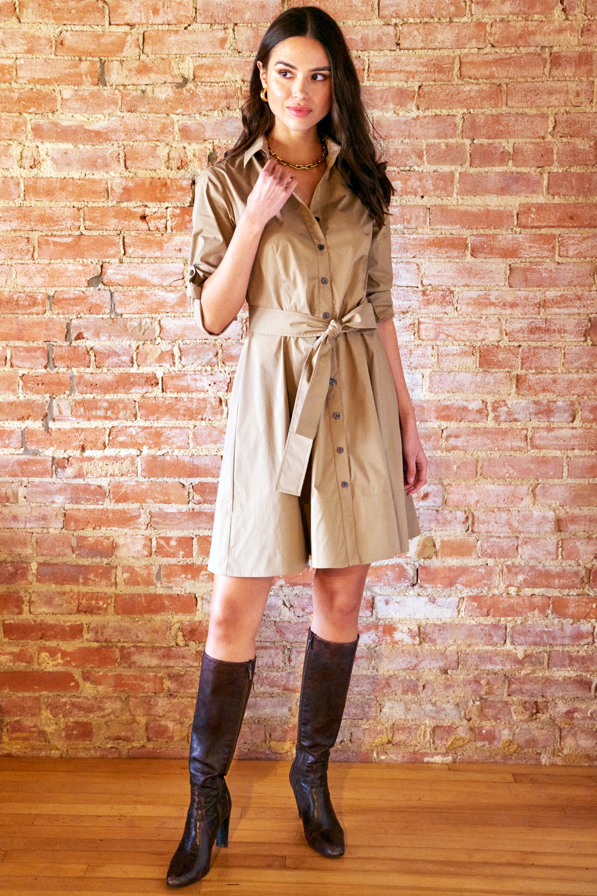 Short Laine Tie Front Long Dress Khaki Weathercloth