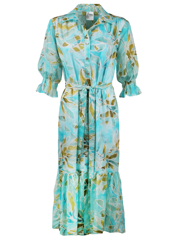 A front view of the Finley Sienna dress, a cotton voile tie-front maxi dress with smocked cuffs and a tropical watercolor print.