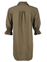 A rear view of the Miller dress, a button down olive designer shirtdress with a spread collar and elastic puff sleeve detail.