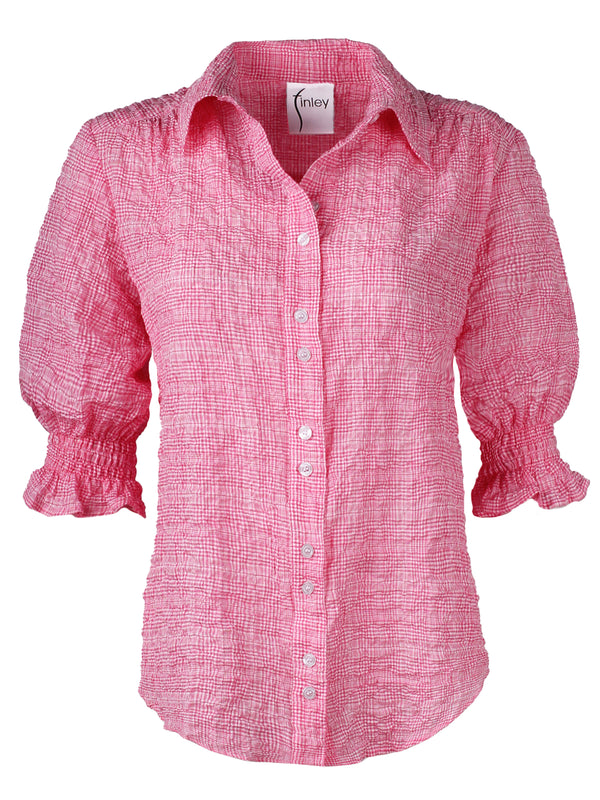 A front view of the Finley Sirena blouse, a pink & white plaid button front top with elbow blouson sleeves.