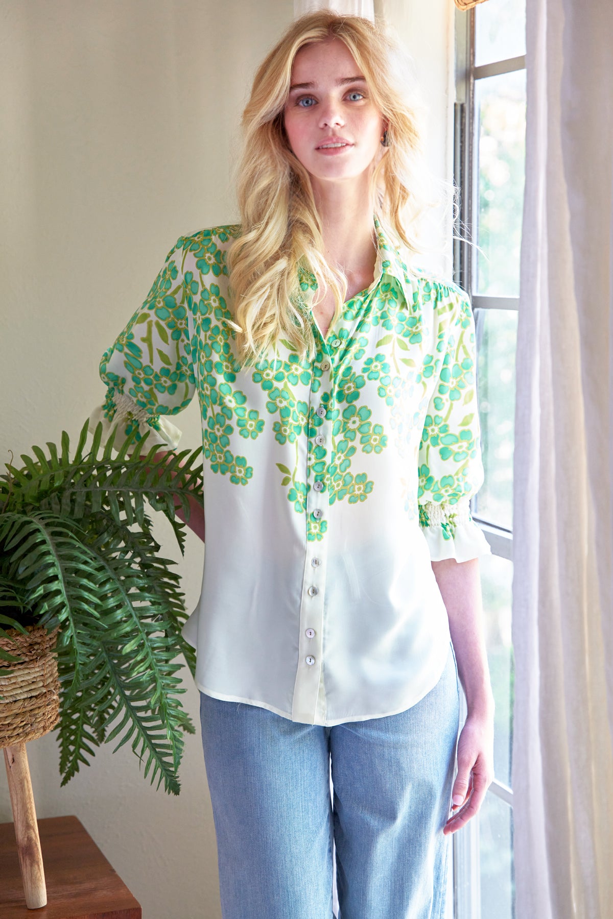 Sirena Blouson Sleeve Blouse, Green Clover Print