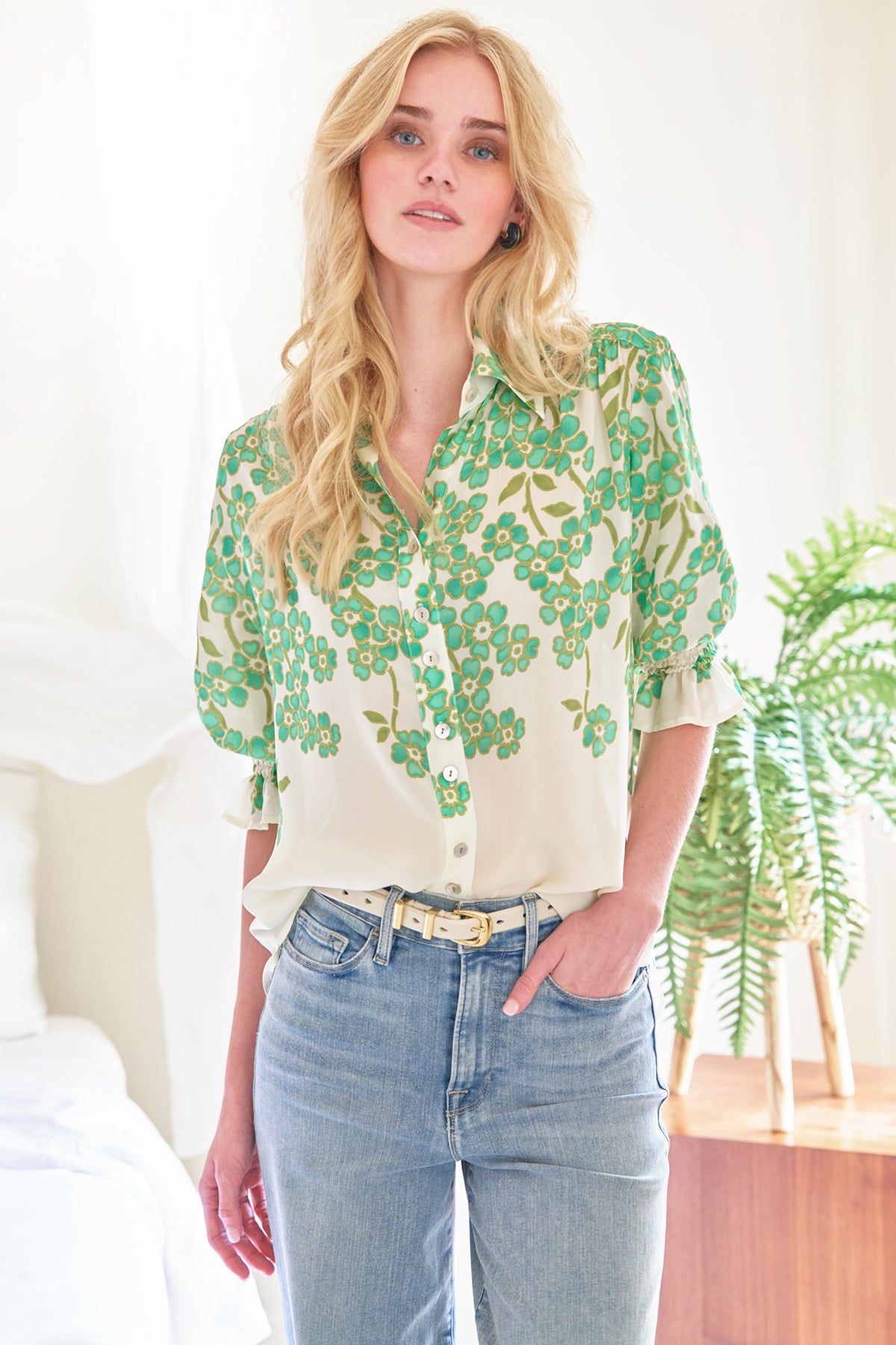Sirena Blouson Sleeve Blouse, Green Clover Print