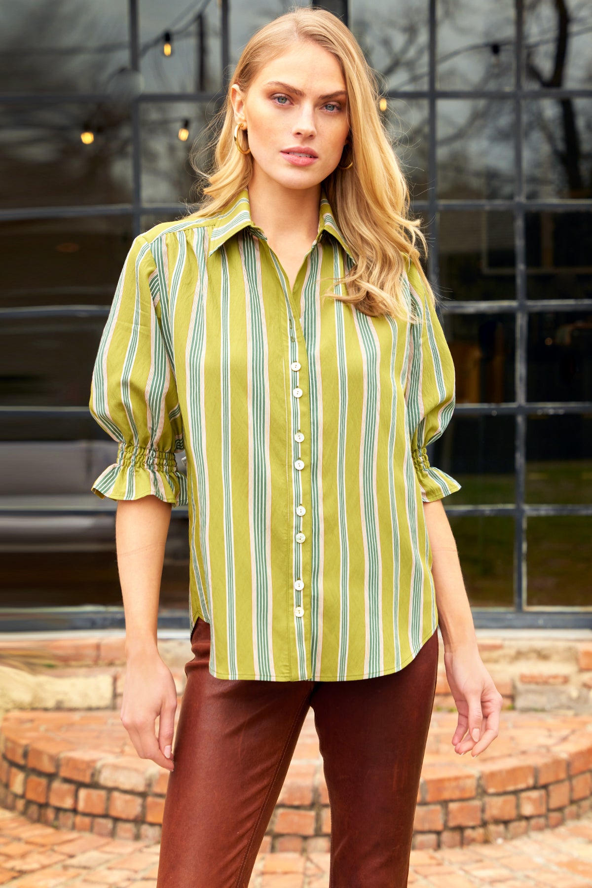 Sirena Blouson Sleeve Blouse, Green Stripe