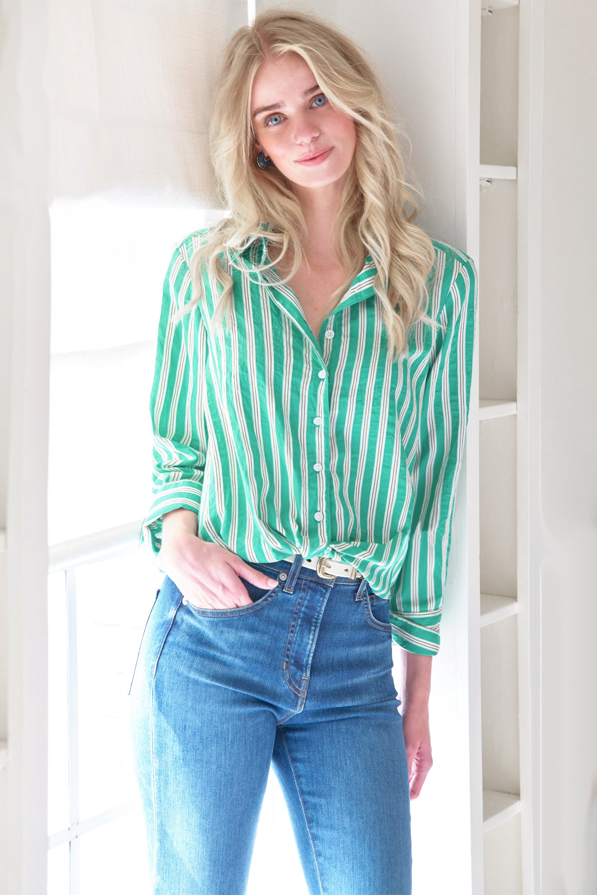 Sloane 3/4 Sleeve Shirt, Kelly Green Stripe