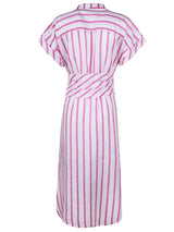 A rear view of the Finley Smithy dress, a linen tie front maxi dress with a bamboo belt and pink vertical stripes.