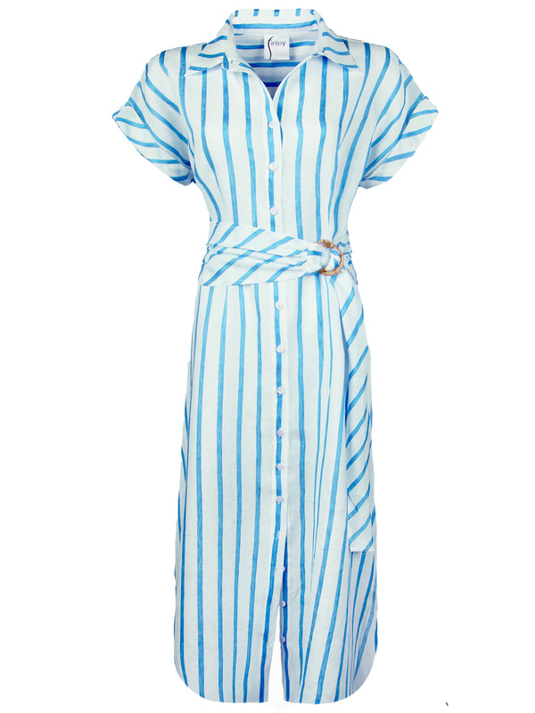 A front view of the Finley Smithy dress, a linen tie front maxi dress with a bamboo belt and sky blue vertical stripes.