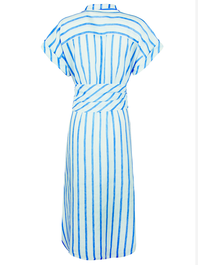 A rear view of the Finley Smithy dress, a linen tie front maxi dress with a bamboo belt and sky blue vertical stripes.