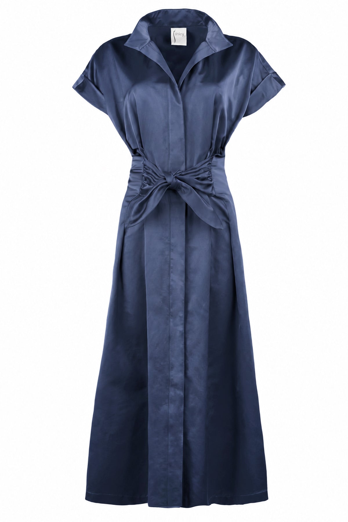 A navy blue satin shirt dress with short sleeves, a pointed collar, and a matching self-tie belt at the waist, shown against a plain white background.