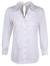 A front view of the Finley Sylvie blouse, a white poplin blouse with a self-tie cutout back and a relaxed shape.