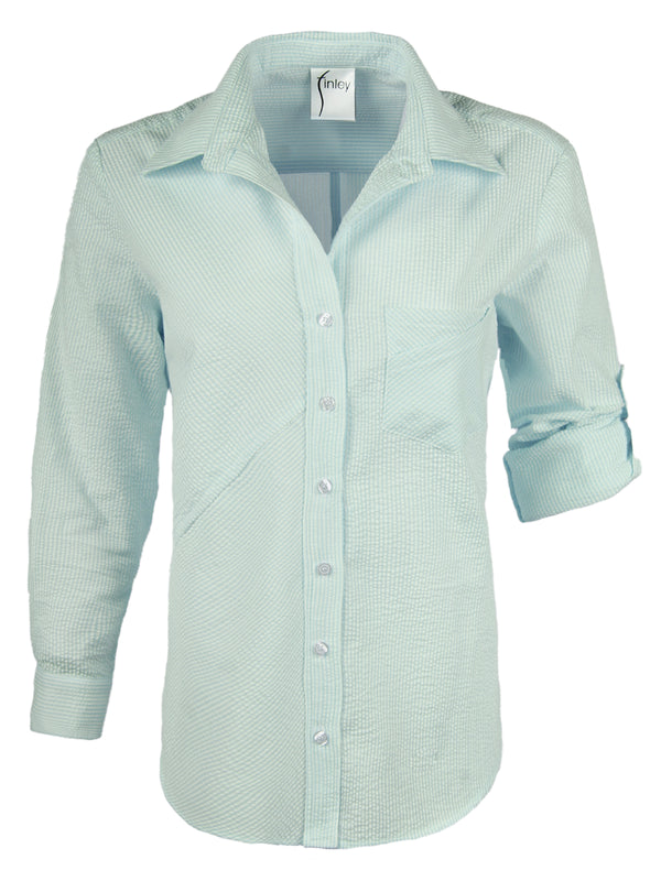 A front view of the Finley Teigan blouse, a semi-fitted women's button down shirt in a lime green seersucker stripe.