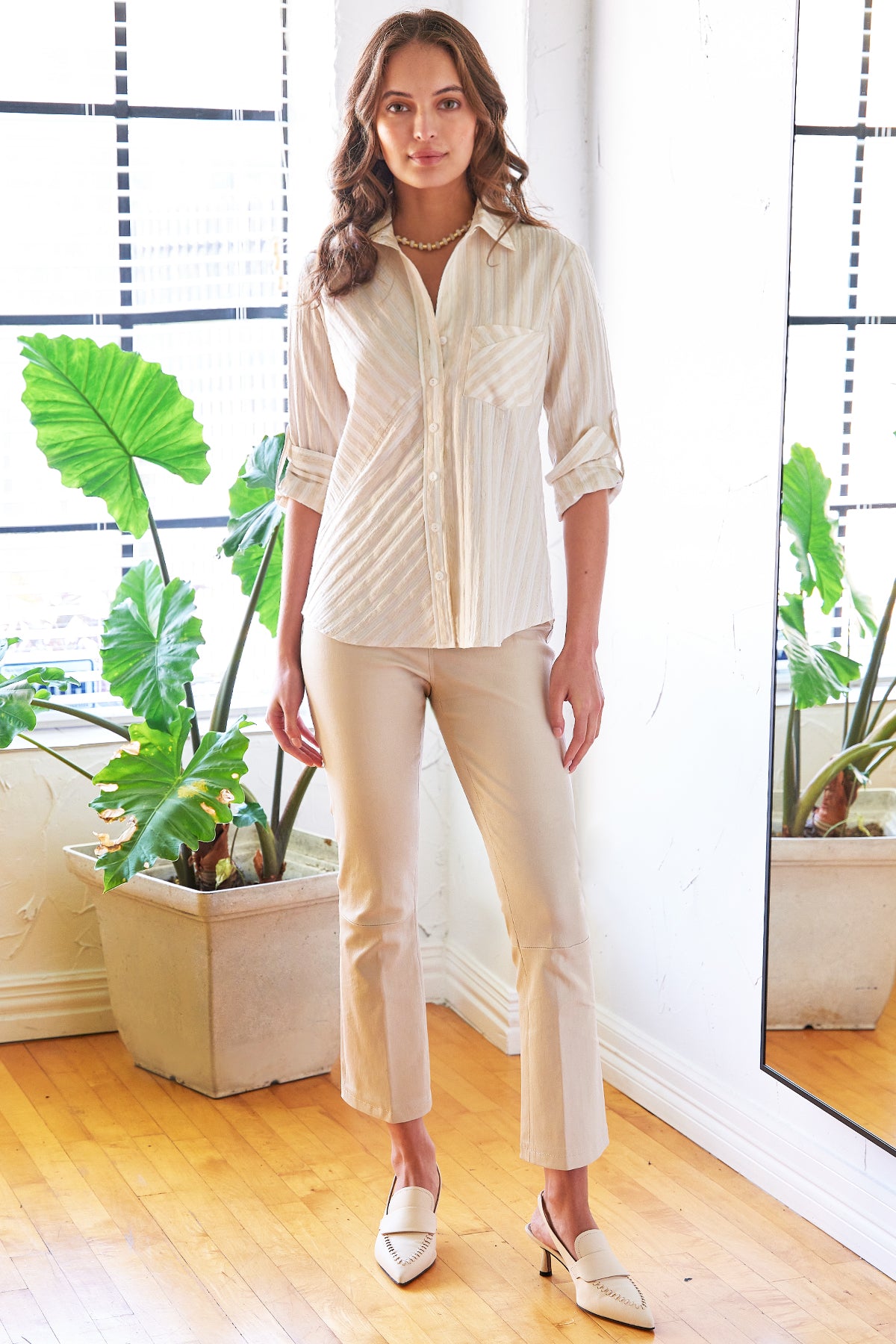 Teigan Semi-Fitted Front Pocket Blouse, Natural Stripe