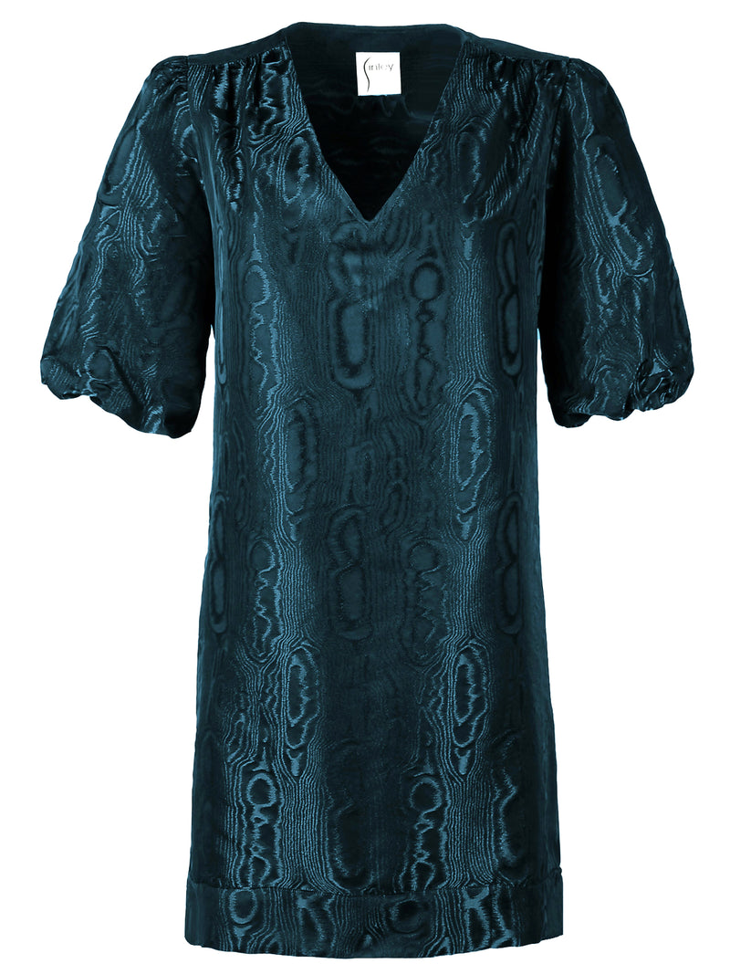 A front view of Finley Tish dress, a v-neck puff sleeve popover midi dress with black and blue moire jacquard embroidery.