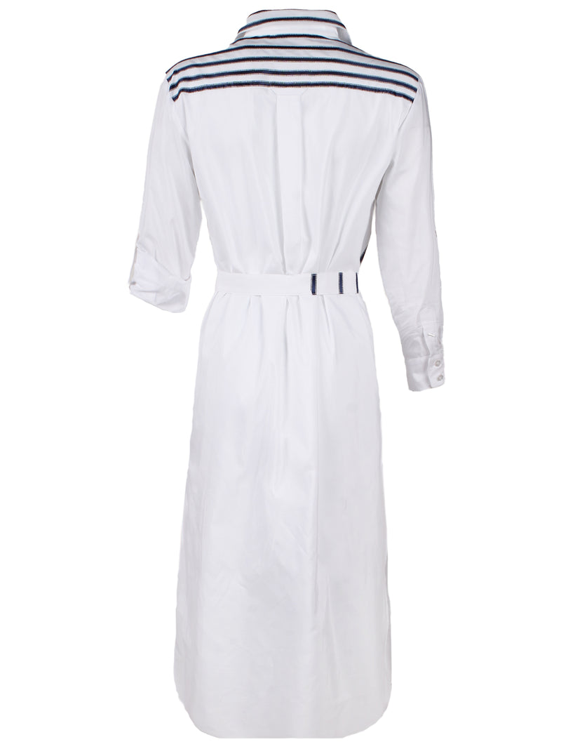 The Finley Alex shirt dress, a long maxi button-down shirt dress wth an a-line shape and embroidered navy ribbon stripes.