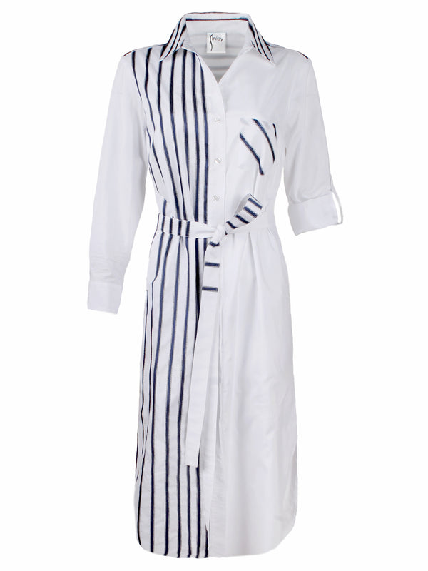 The Finley Alex shirt dress, a long maxi button-down shirt dress wth an a-line shape and embroidered navy ribbon stripes.