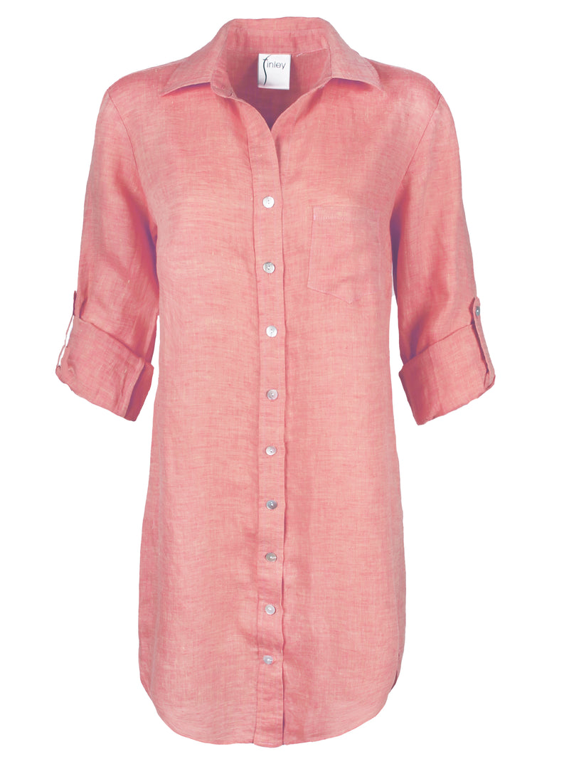 A front view of the Finley Alex shirtdress, a peach pink washed linen button-down midi shirt dress.