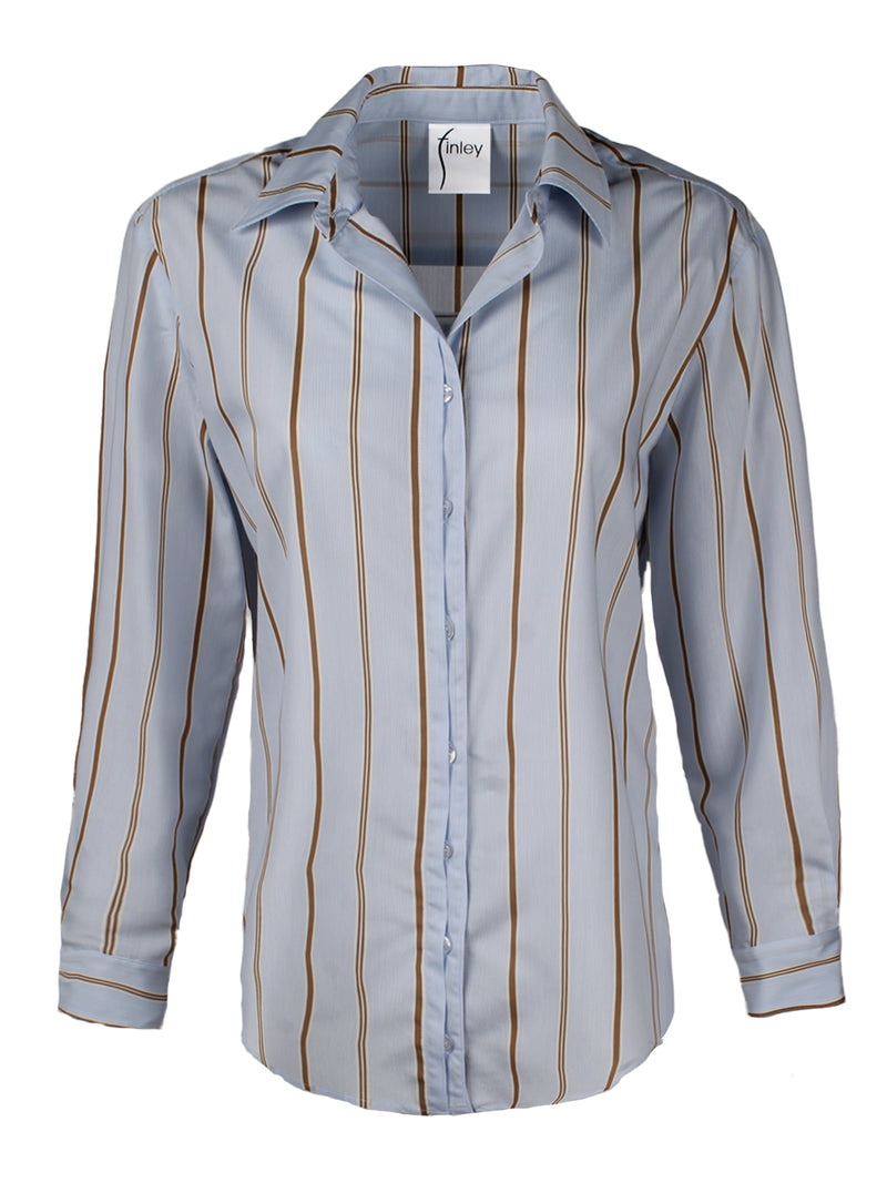 A front view of the Finley Alexa blouse, a oversize button-down womens shirt with blue and tan stripes.