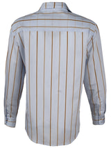 A rear view of the Finley Alexa blouse, a oversize button-down womens shirt with blue and tan stripes.