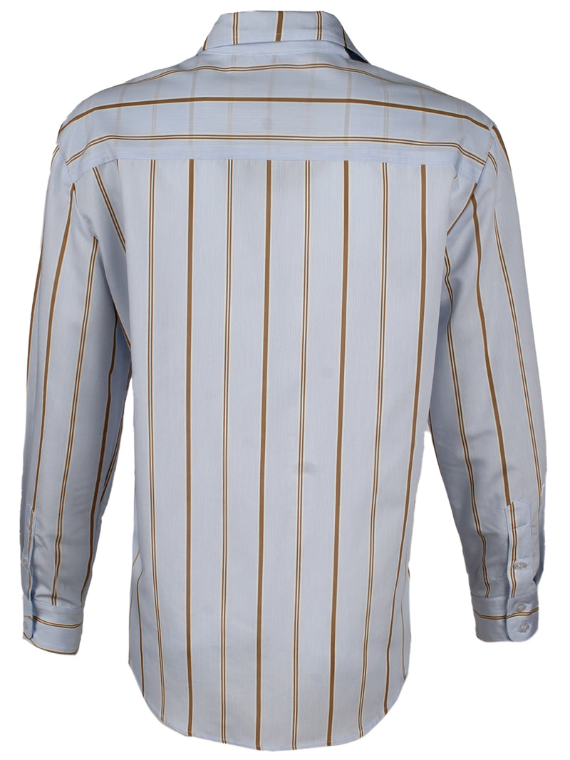 A rear view of the Finley Alexa blouse, a oversize button-down womens shirt with blue and tan stripes.