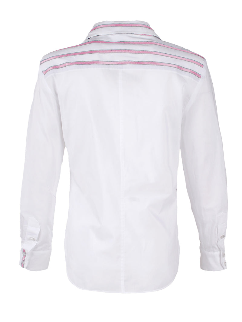 A rear view of the Finley Alex blouse, a button down white designer blouse with pink stripe color blocking and a front pocket.