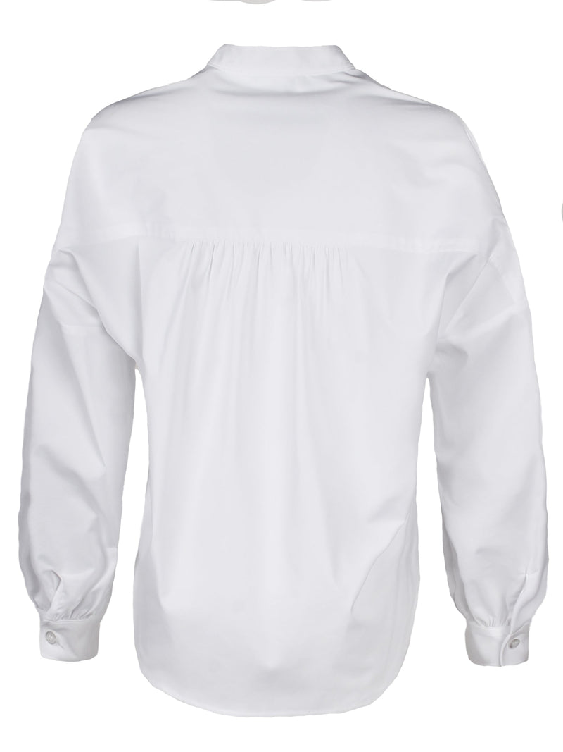 The Finley band collar blouse, a white poplin button-down blouse with a mandarin collar and long sleeves.