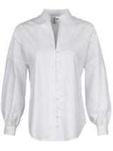 The Finley band collar blouse, a white poplin button-down blouse with a mandarin collar and long sleeves.