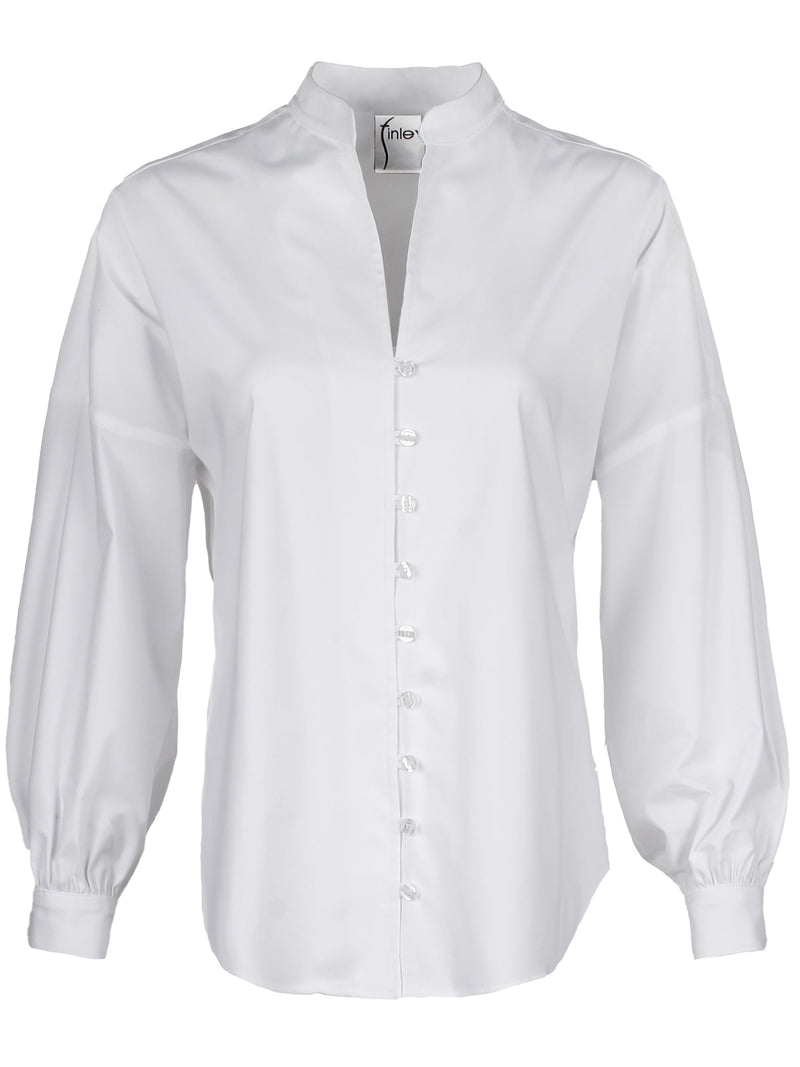The Finley band collar blouse, a white poplin button-down blouse with a mandarin collar and long sleeves.