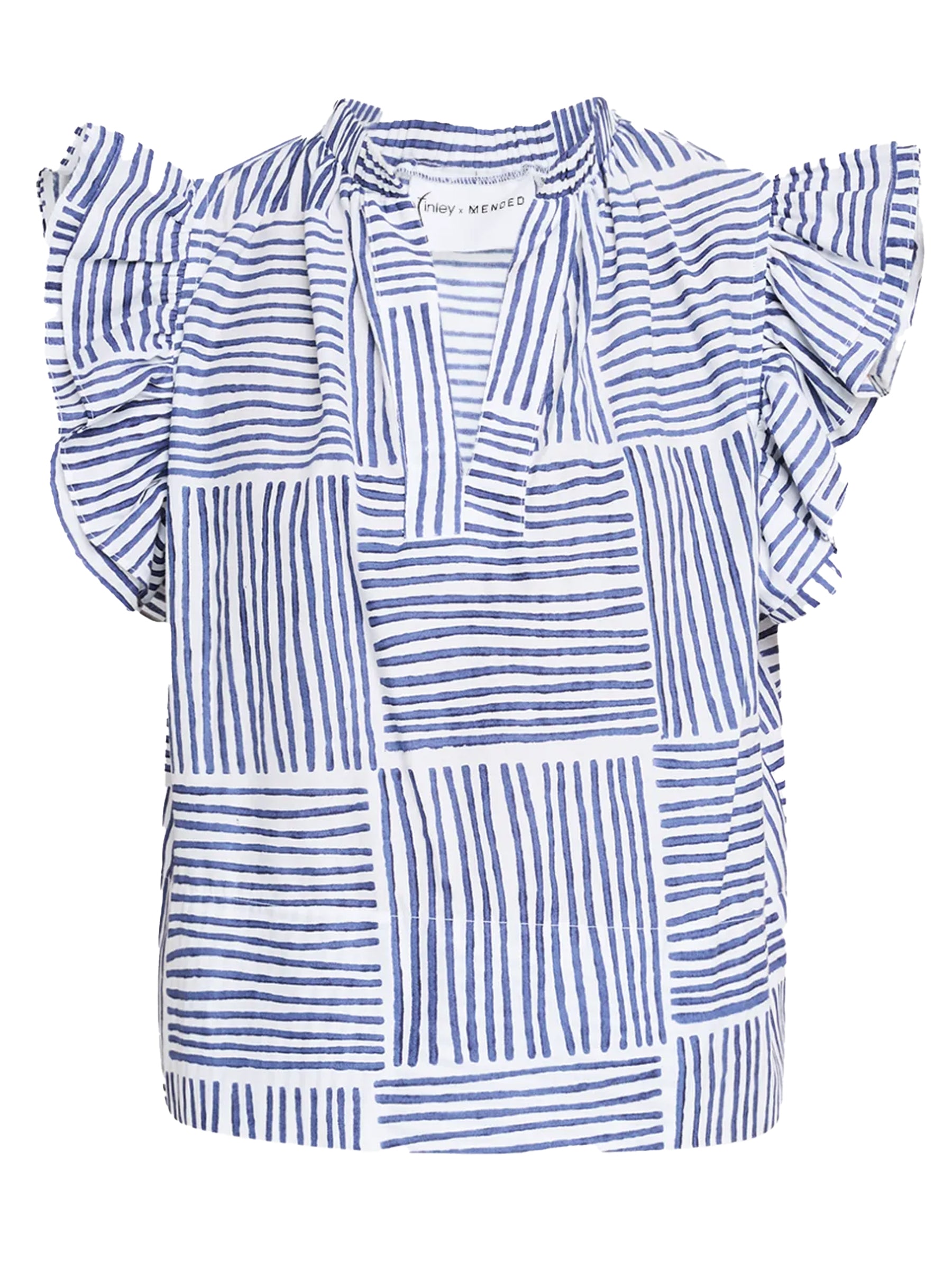 MENDED Remy Ruffle Sleeve Top, Navy Block Stripe